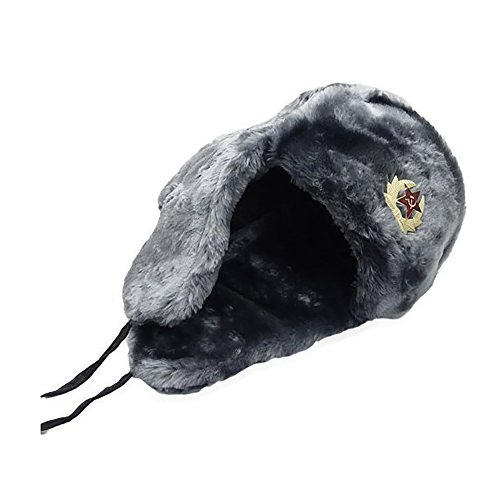 Silver Gray Fur Winter Ushanka Russian Hat Large Size with Secret Pocket and RED Star Emblem (Removable)