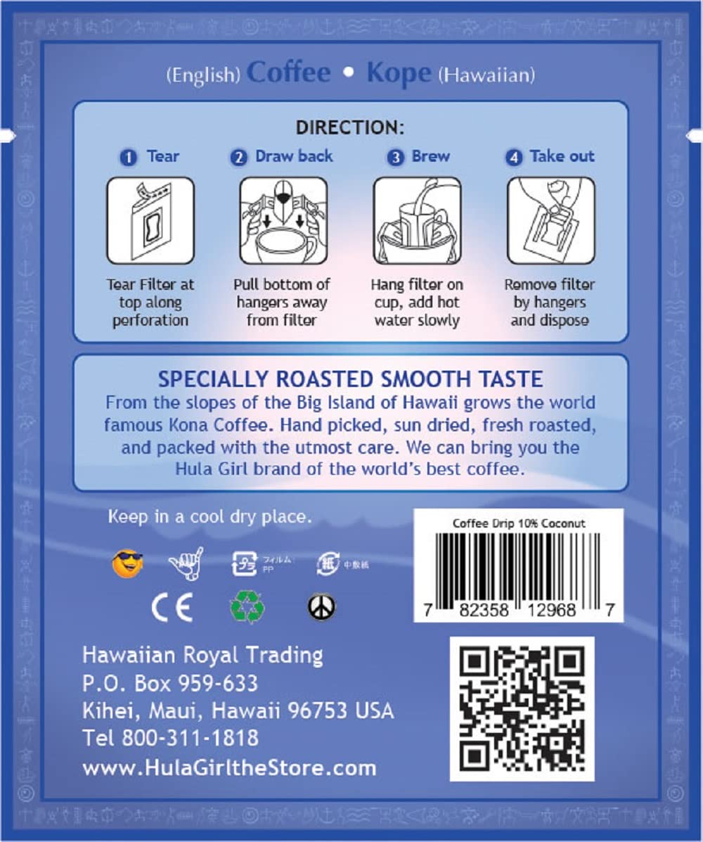 Hula Girl Drip Coffee Single Serve Pour Over (10% Kona Coconut, Pack of 50)