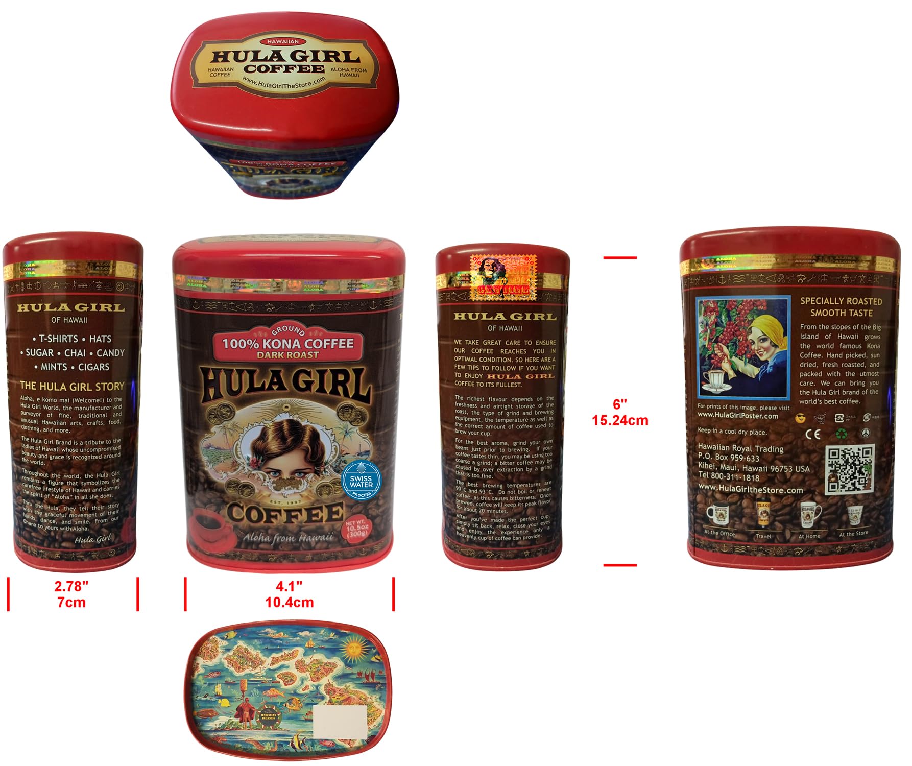 HULA GIRL 100% KONA Coffee Roasted Arabica Coffee Net Wt. 10.5 Ounce / 300 Grams Collector Tin