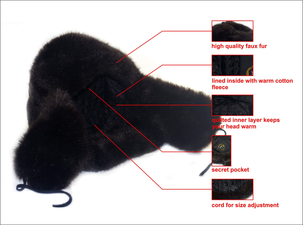 Silver Gray Fur Winter Ushanka Russian Hat Large Size with Secret Pocket and RED Star Emblem (Removable)