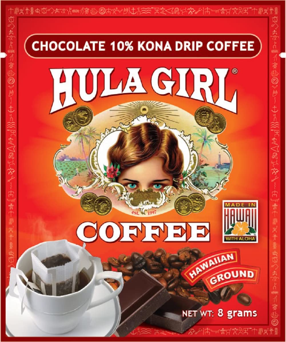 Hula Girl Drip Coffee Single Serve Pour Over (10% Kona Chocolate, Pack of 25)