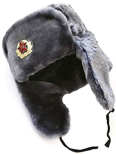 Winter Fur Ushanka Russian Hat with Secret Pocket and RED Star Emblem (Removable) (Medium, Silver Gray)