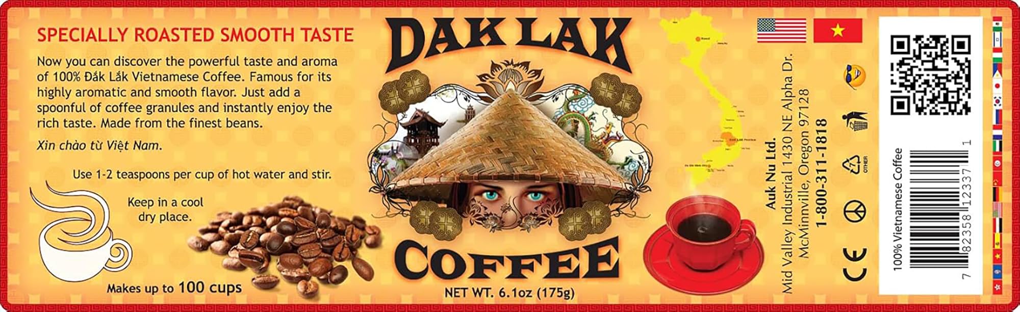 100% Dak Lak Vietnamese Coffee Instant Freeze Dried 6.1 oz/175g Jar