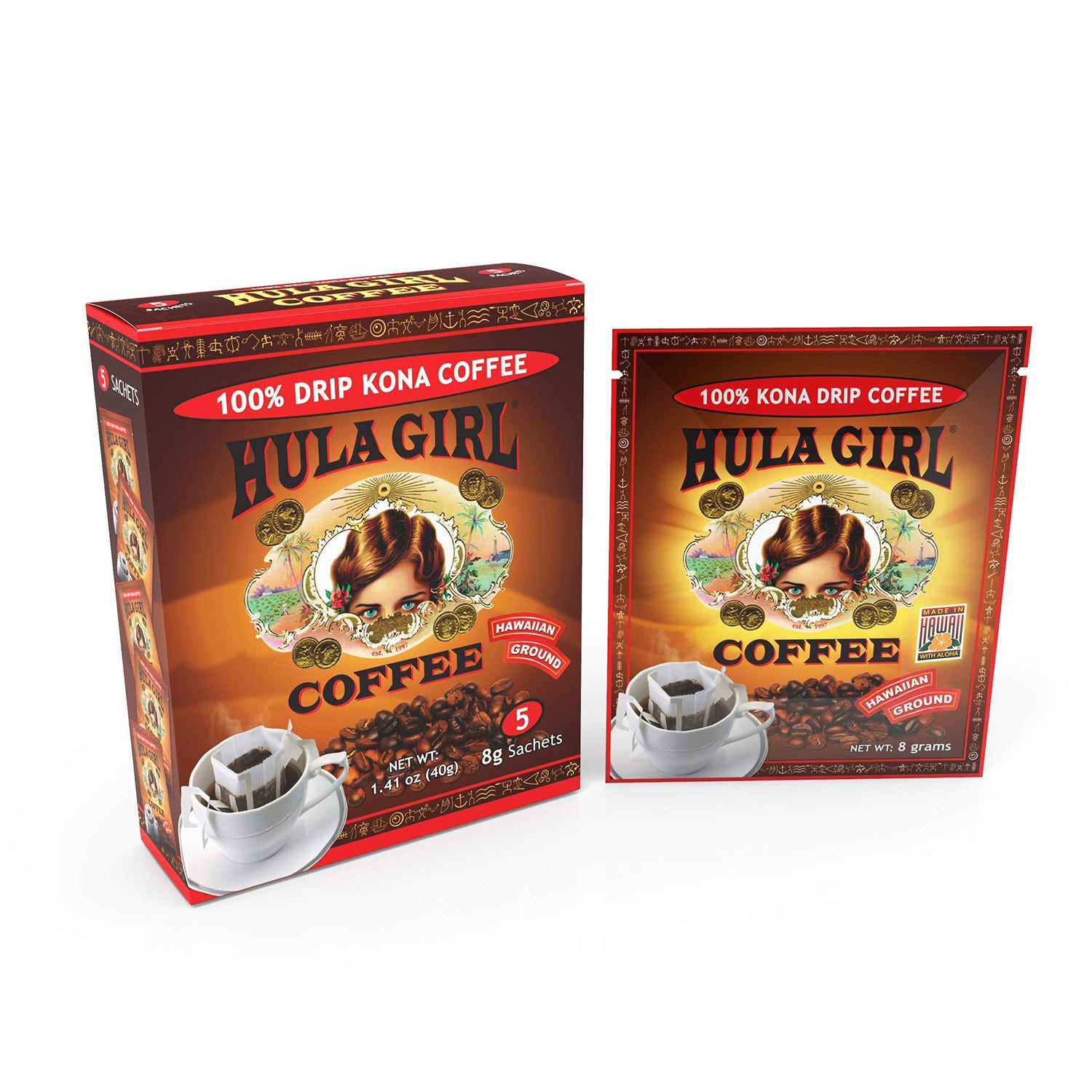 Hula Girl 100% Kona Drip Coffee Single Serve Pour Over (Box of 5)