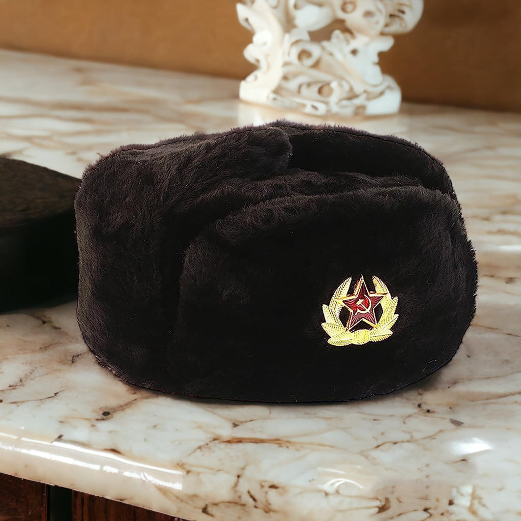 Winter Fur Ushanka Russian Hat with Secret Pocket and RED Star Emblem (Removable) (Large, Black)
