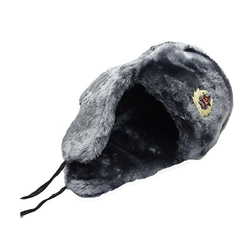 Gray Fur Winter Ushanka Hat with RED STAR Emblem (X-LARGE)