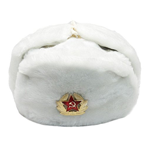 Fur Winter Adjustable Ushanka Russian Hat with Secret Pocket and RED Star Emblem (Removable)