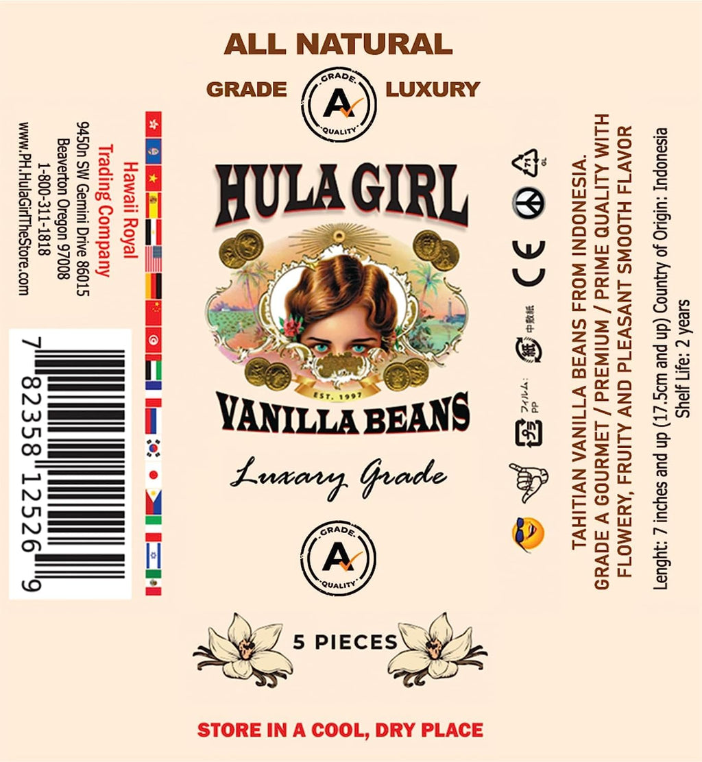 Hula Girl Indonesian Vanilla Beans Gourmet 6-7 Inches Long in Airtight Glass Tube
