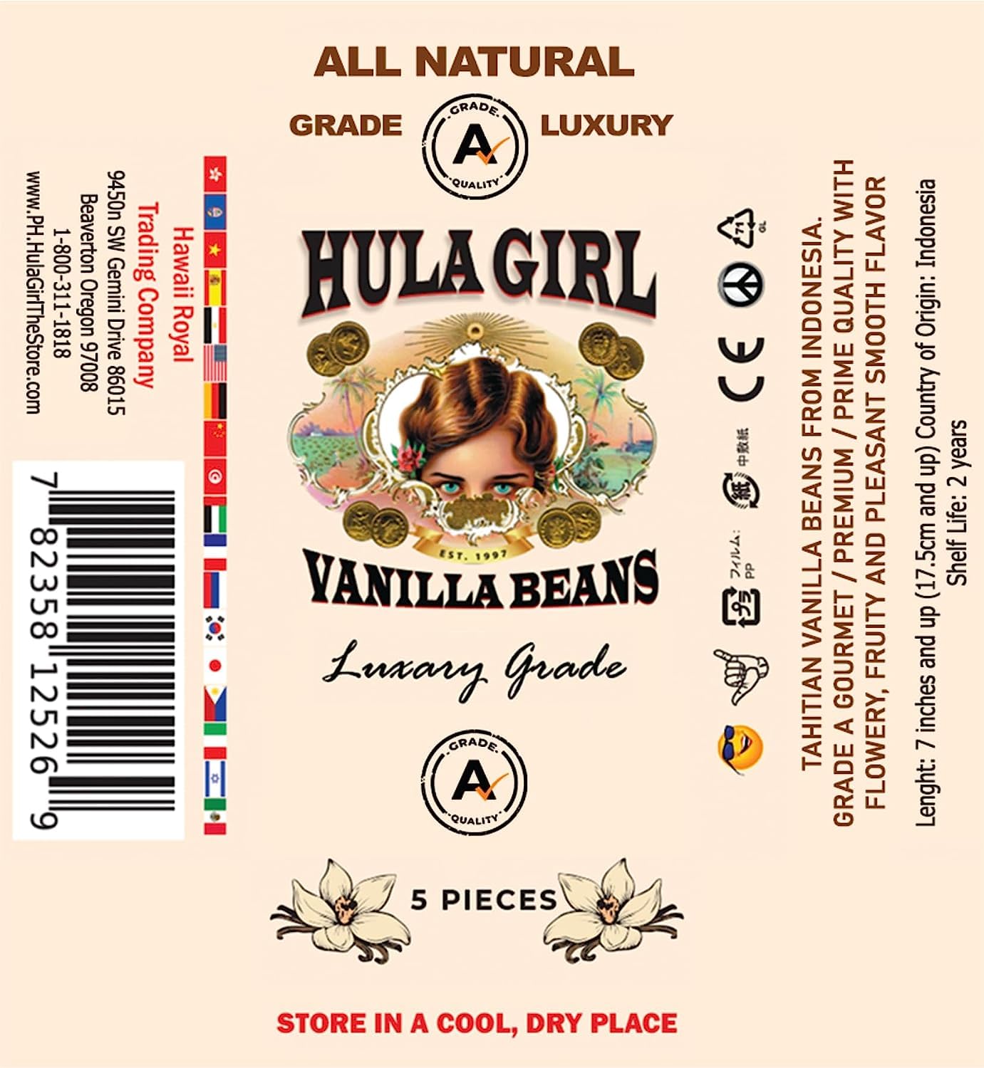 Hula Girl Indonesian Vanilla Beans Gourmet 6-7 Inches Long in Airtight Glass Tube