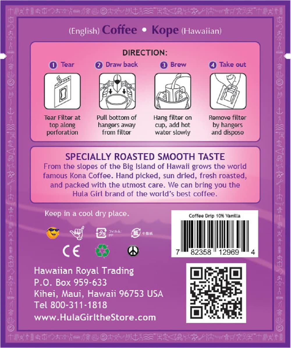 Hula Girl Drip Coffee Single Serve Pour Over (10% Kona Vanilla, Pack of 50)