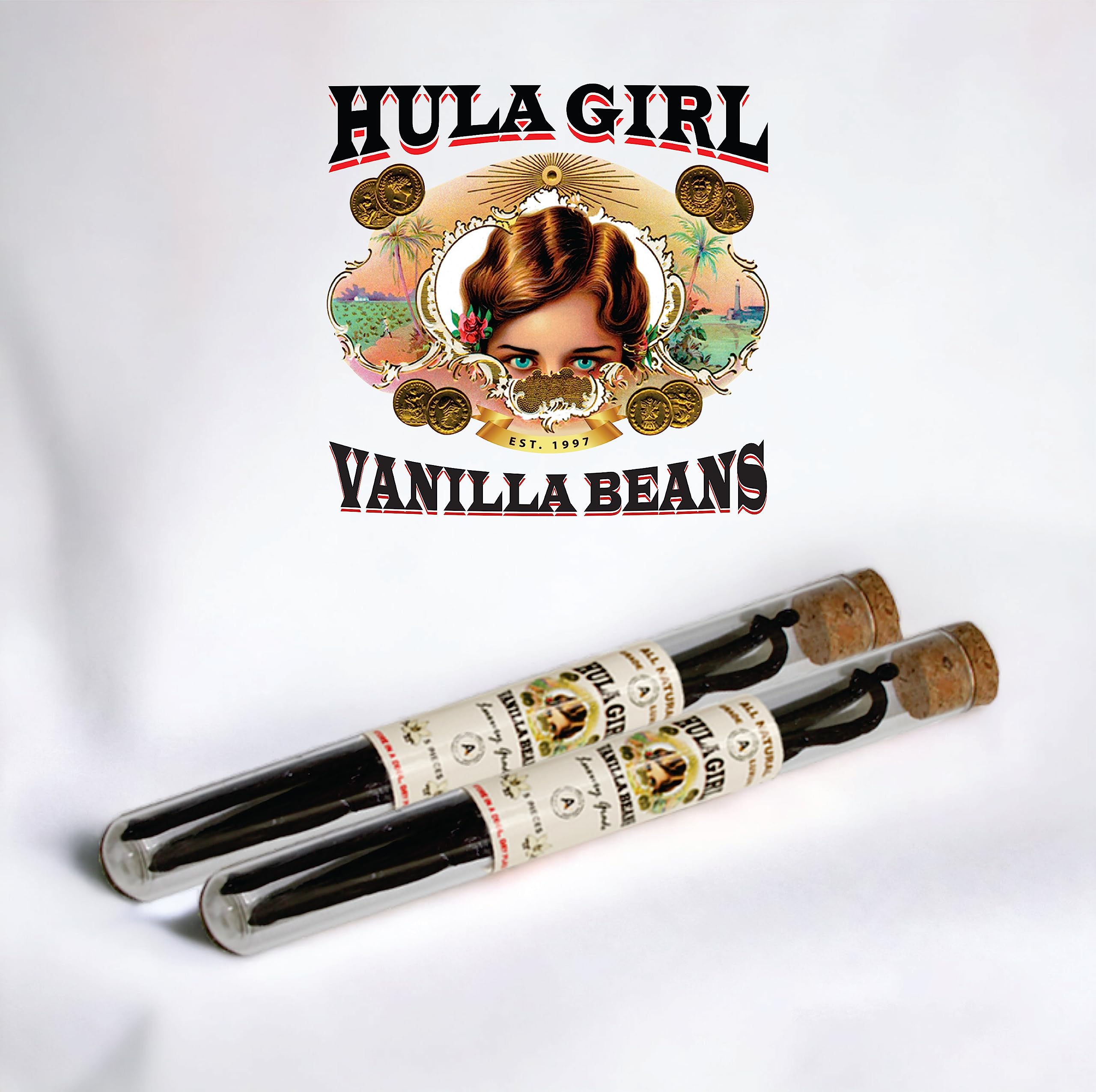 Hula Girl Indonesian Vanilla Beans Gourmet 6-7 Inches Long in Airtight Glass Tube