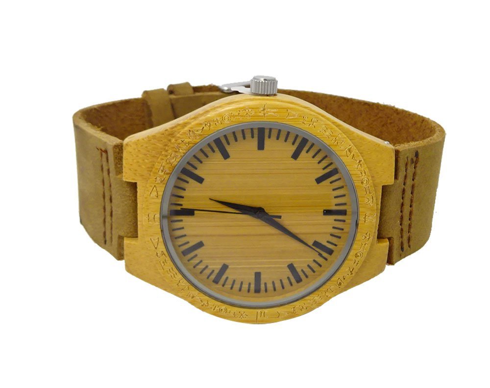 Kahala Handmade Bamboo Watch Made with Hawaiian Petroglyphs and Cowhide Leather Strap Brand- HGW-26B39
