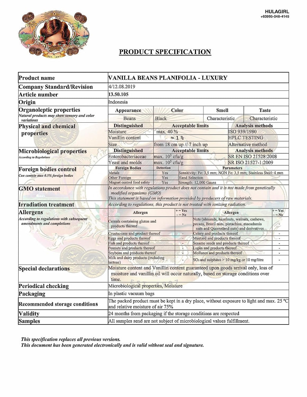 Hula Girl Indonesian Vanilla Beans Gourmet 6-7 Inches Long in Airtight Glass Tube