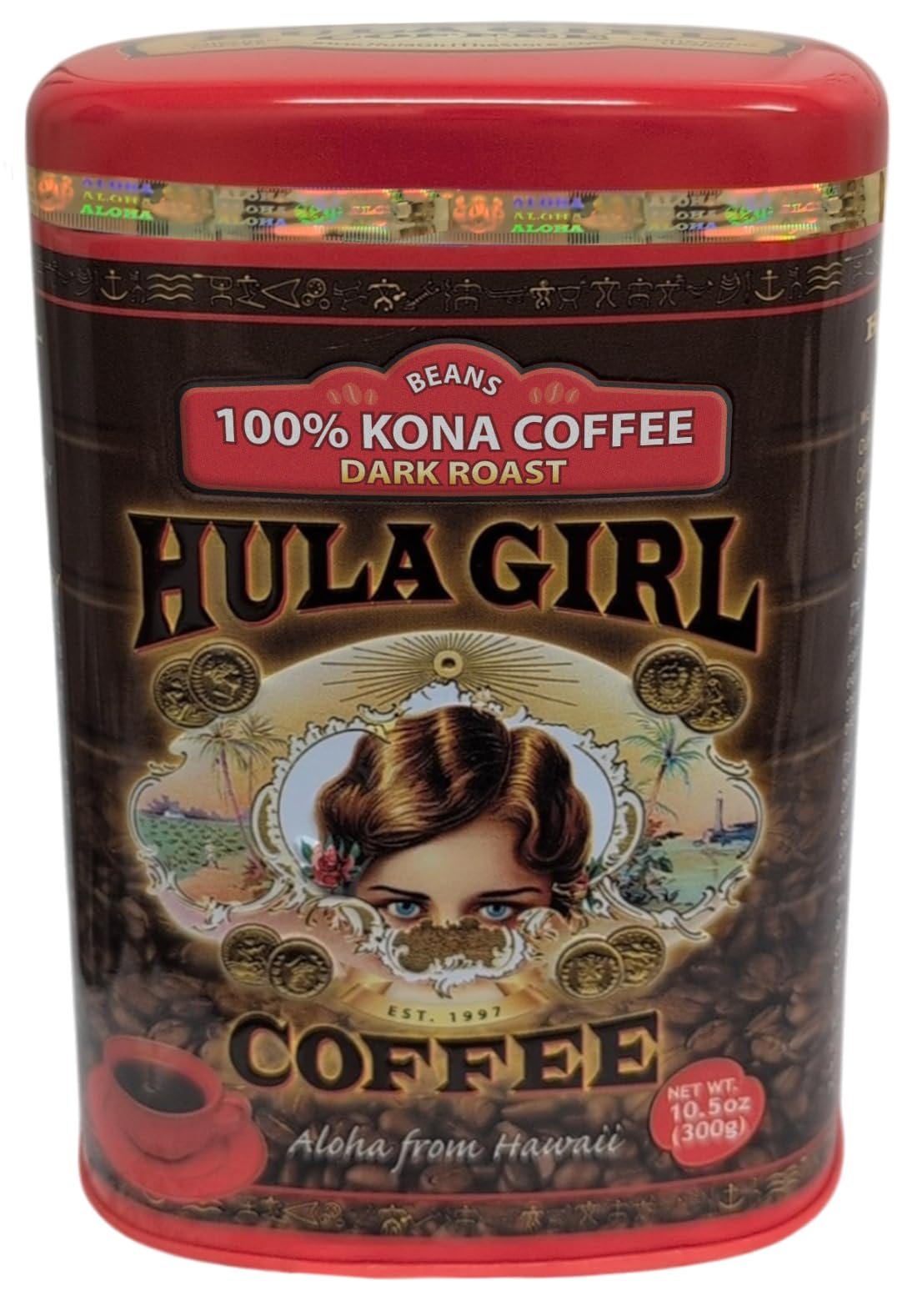 HULA GIRL 100% KONA Coffee Roasted Arabica Coffee Net Wt. 10.5 Ounce / 300 Grams Collector Tin