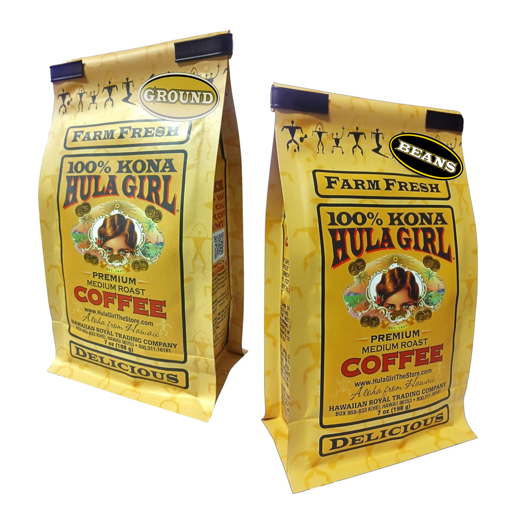 Hula Girl 100% Kona Coffee Grown in Hawaii, Hand Picked, Sun Dried, Fresh Roasted and Packed in Hawaii for 30 years