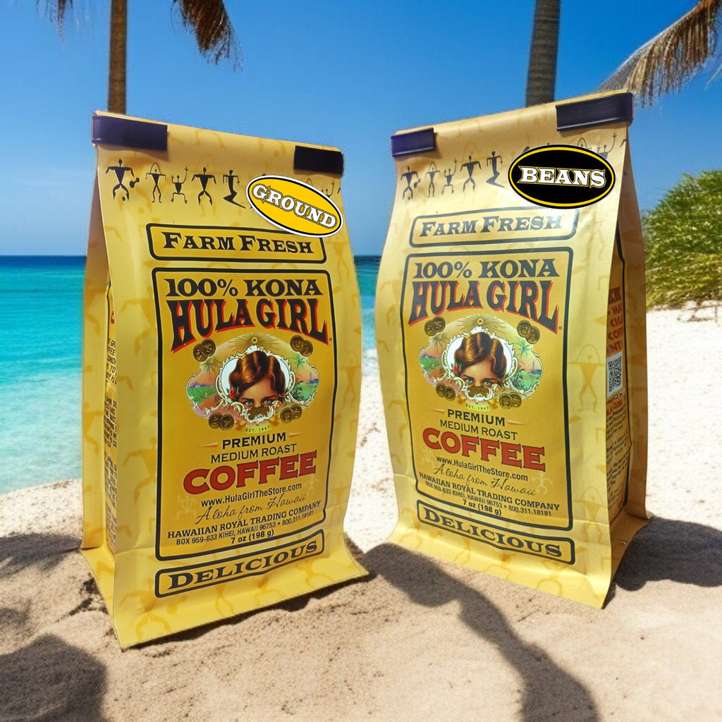 Hula Girl 100% Kona Coffee Grown in Hawaii, Hand Picked, Sun Dried, Fresh Roasted and Packed in Hawaii for 30 years