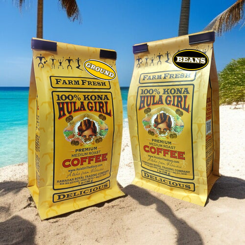 Hula Girl 100% Kona Coffee Grown in Hawaii, Hand Picked, Sun Dried, Fresh Roasted and Packed in Hawaii for 30 years