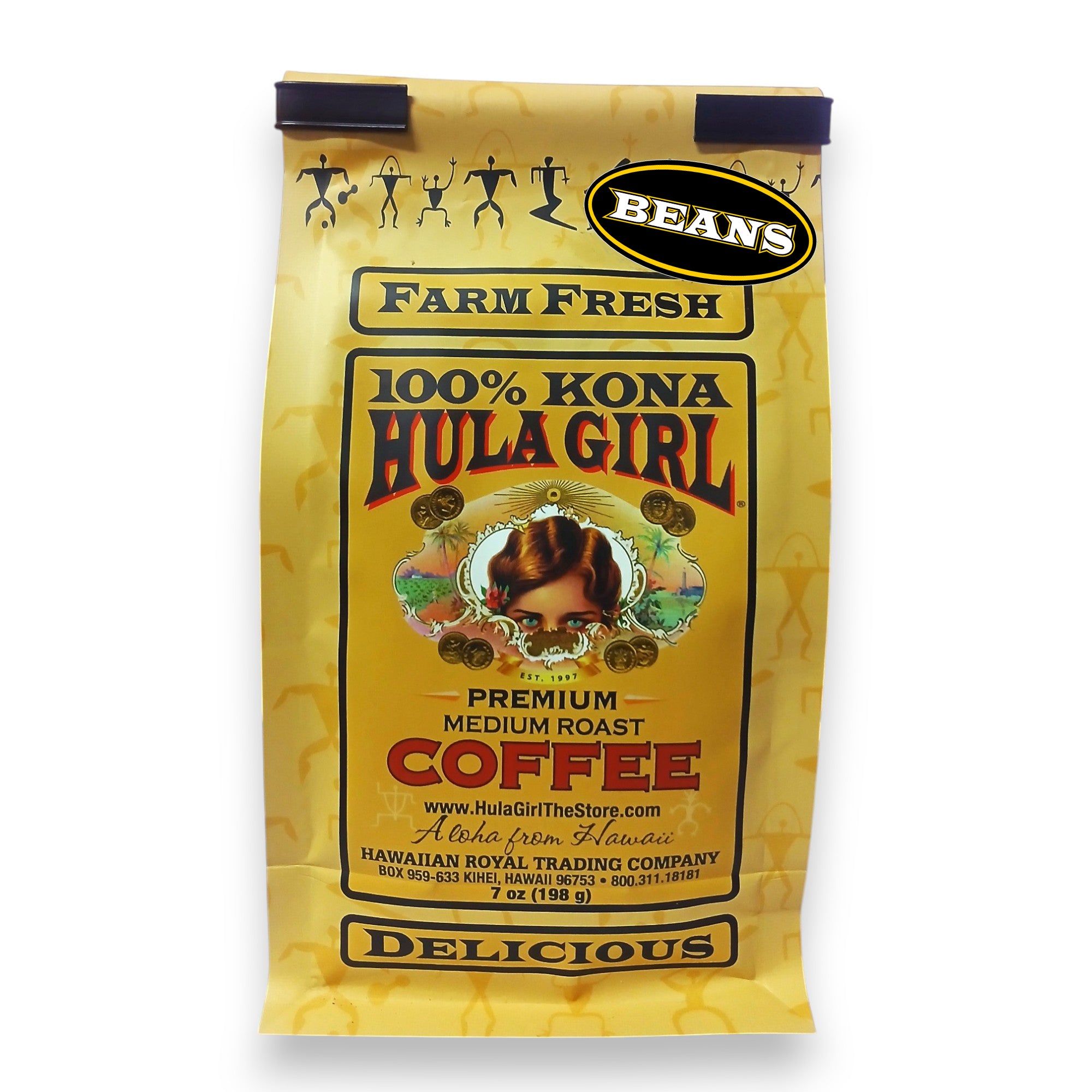 Hula Girl 100% Kona Coffee Grown in Hawaii, Hand Picked, Sun Dried, Fresh Roasted and Packed in Hawaii for 30 years