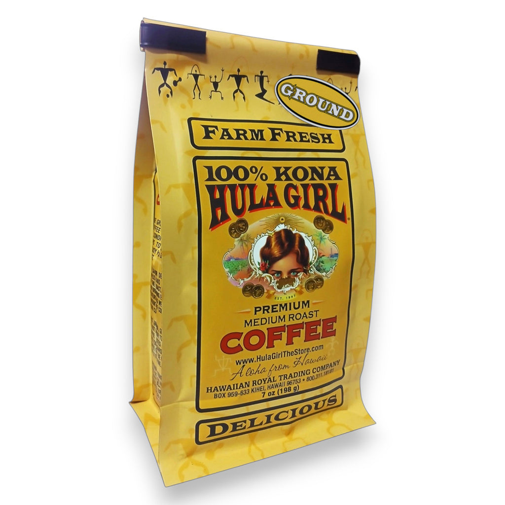 Hula Girl 100% Kona Coffee Ground, Grown, Handpicked & Roasted in Hawaii Since 1995
