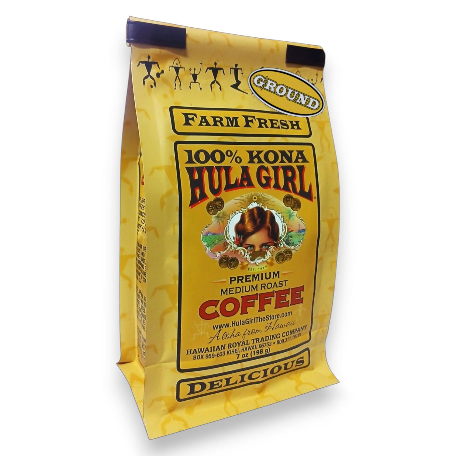 Hula Girl 100% Kona Coffee Ground, Grown, Handpicked & Roasted in Hawaii Since 1995