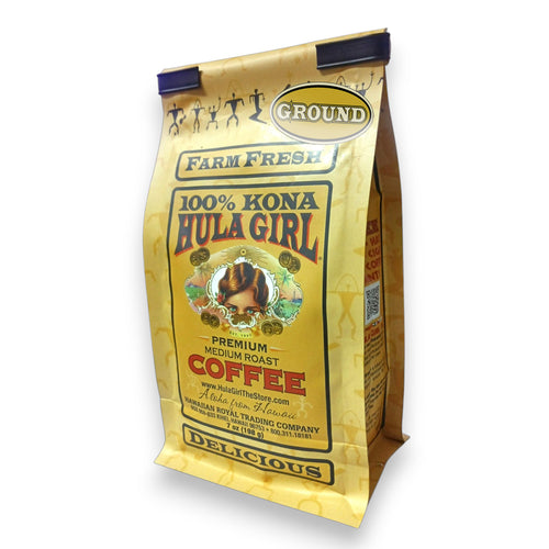 Hula Girl 100% Kona Coffee Ground, Grown, Handpicked & Roasted in Hawaii Since 1995