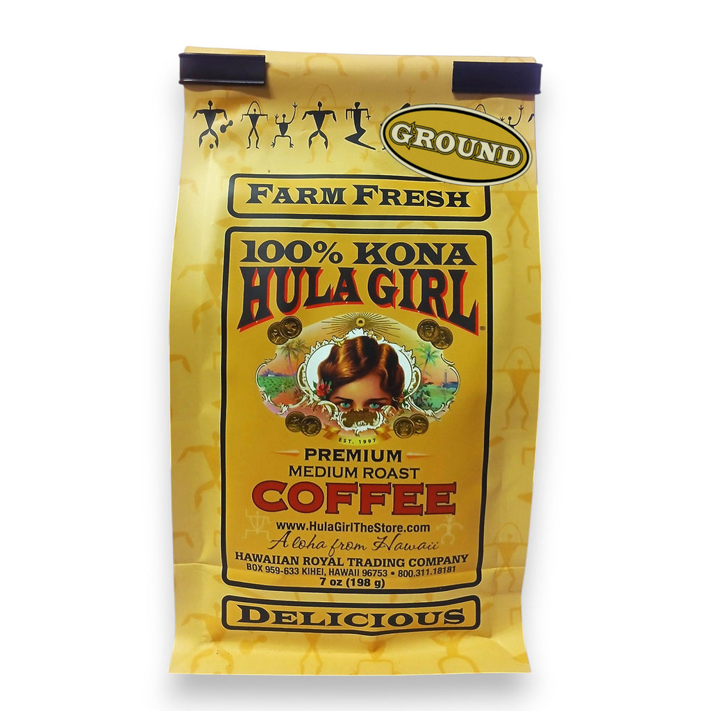 Hula Girl 100% Kona Coffee Grown in Hawaii, Hand Picked, Sun Dried, Fresh Roasted and Packed in Hawaii for 30 years