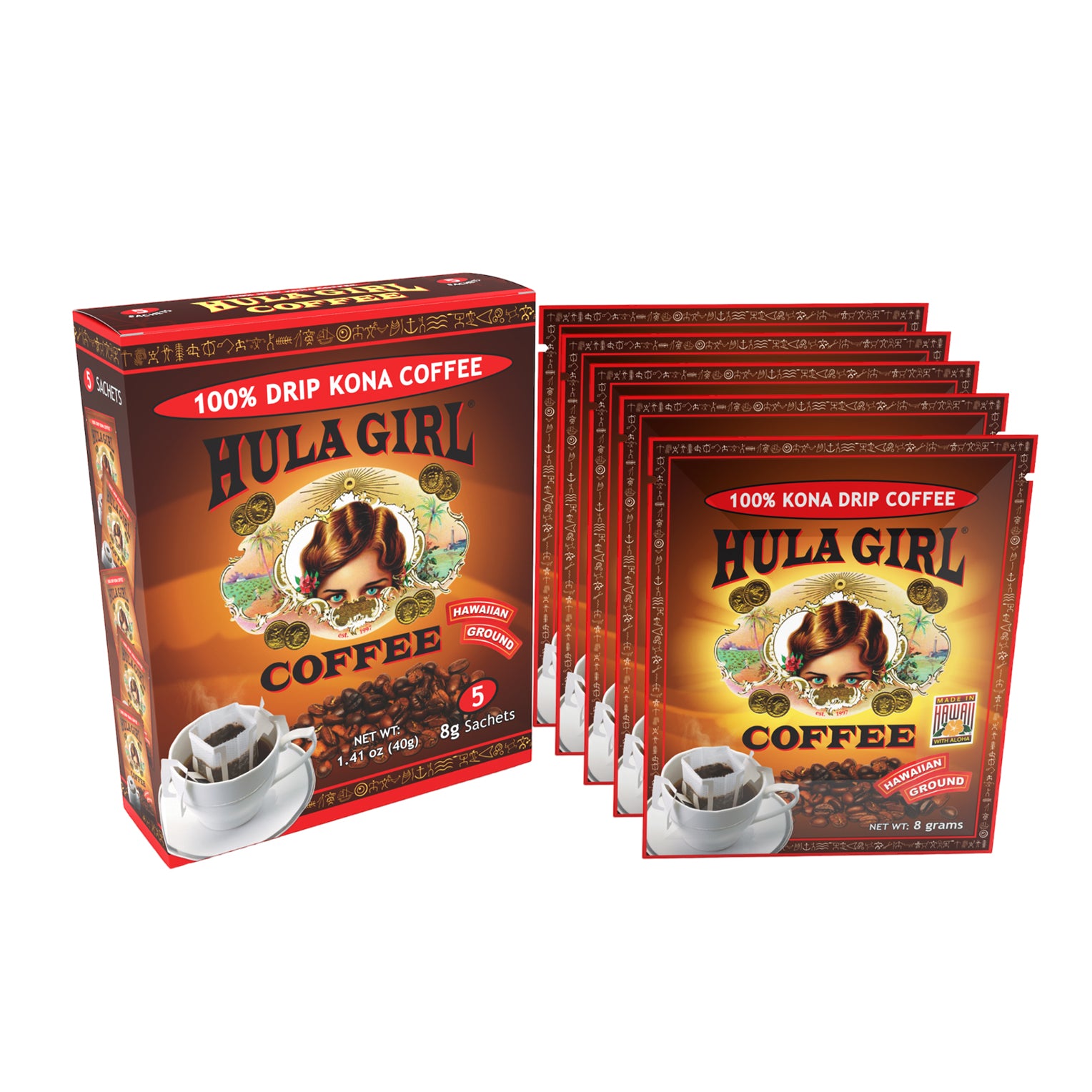 Hula Girl 100% Kona Drip Coffee Single Serve Pour Over (Box of 5)