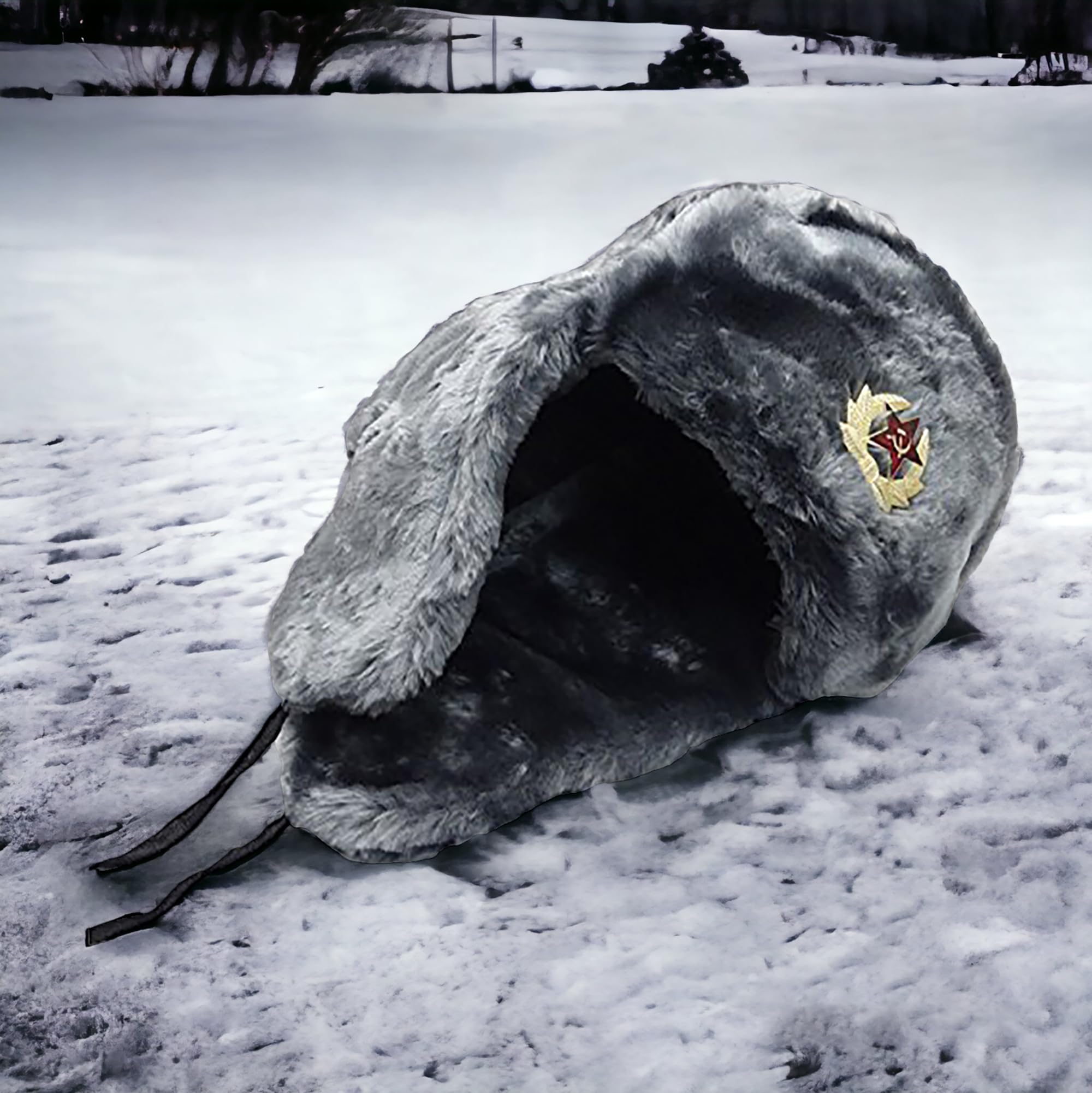Silver Gray Fur Winter Ushanka Russian Hat Large Size with Secret Pocket and RED Star Emblem (Removable)