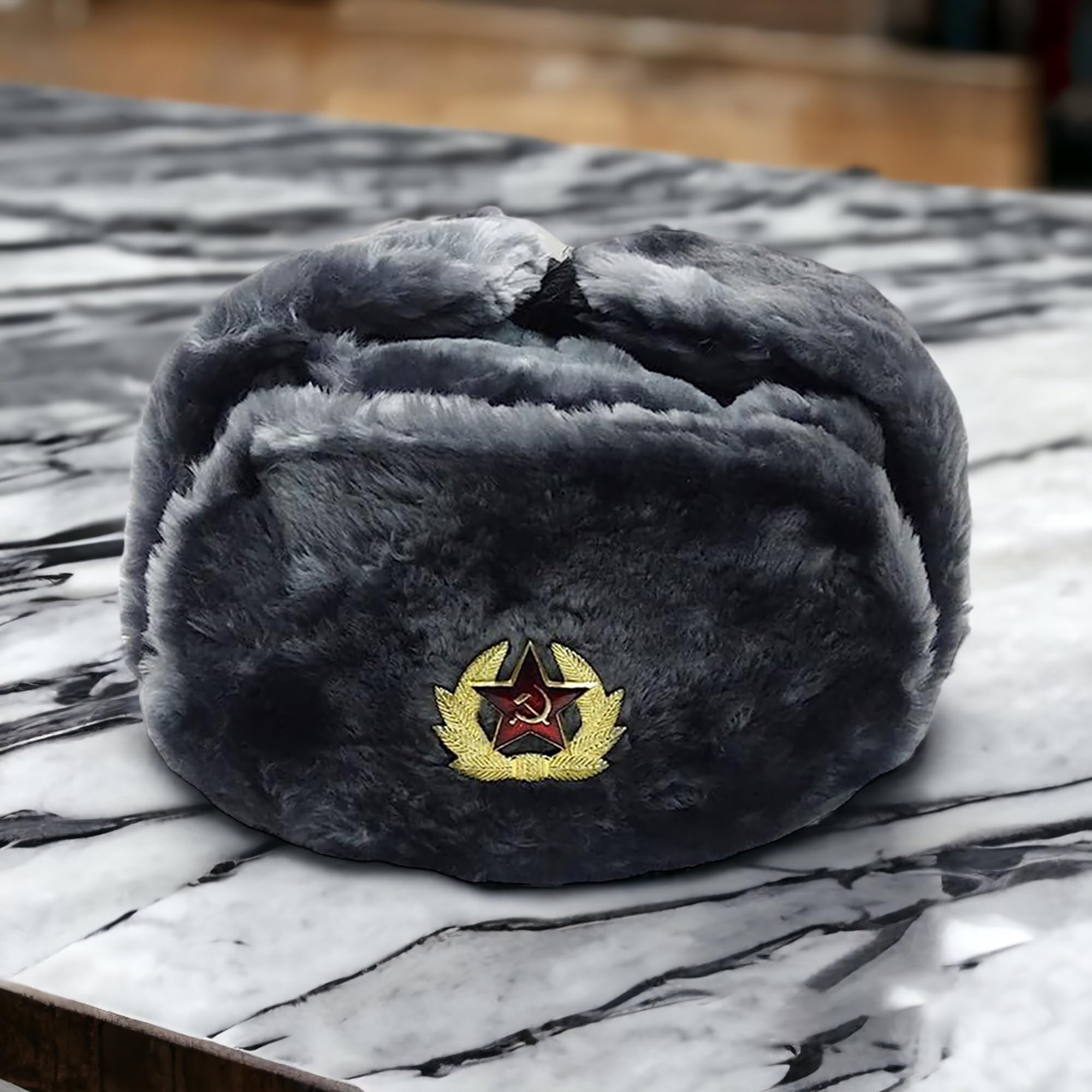 Silver Gray Fur Winter Ushanka Russian Hat Large Size with Secret Pocket and RED Star Emblem (Removable)