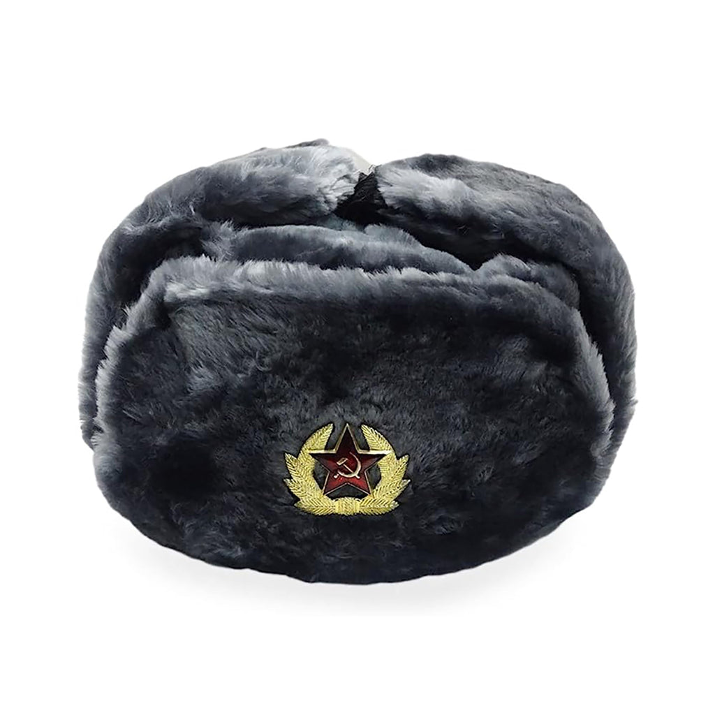 Silver Gray Fur Winter Ushanka Russian Hat Large Size with Secret Pocket and RED Star Emblem (Removable)