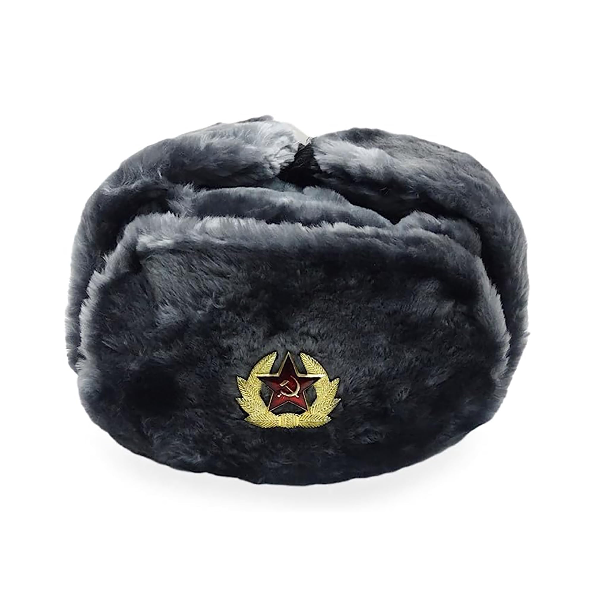 Silver Gray Fur Winter Ushanka Russian Hat Large Size with Secret Pocket and RED Star Emblem (Removable)
