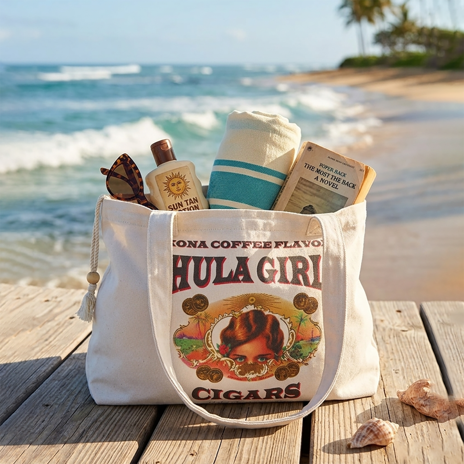 Hula Girl Cigar Logo Cotton Beach Bag