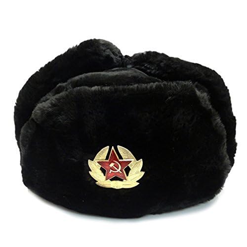 Winter Fur Ushanka Russian Hat with Secret Pocket and RED Star Emblem (Removable) (Large, Black)
