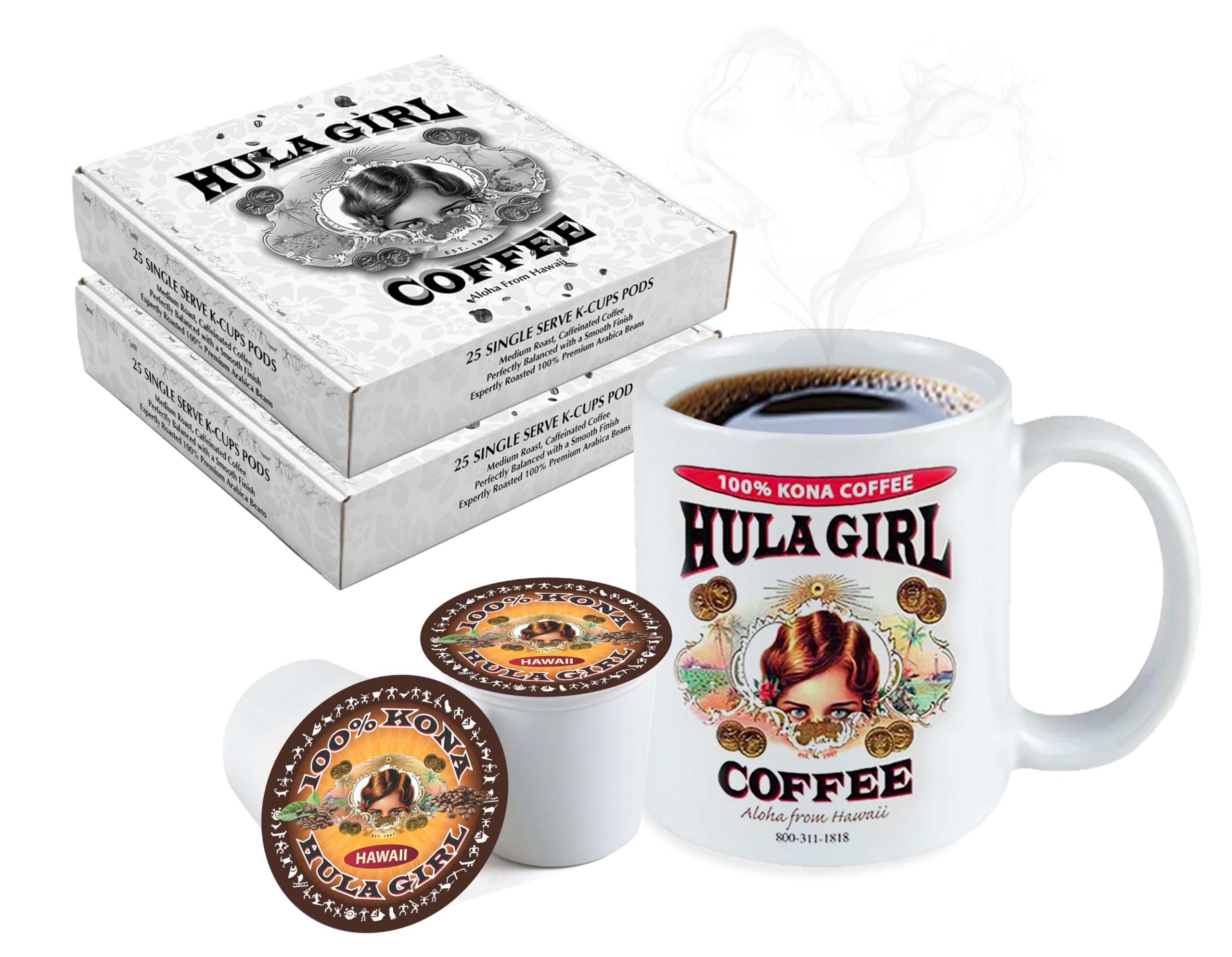 Hula Girl 100% Kona Coffee Single Servings for Keurig Brewers, 50 Count (Pack of 1)