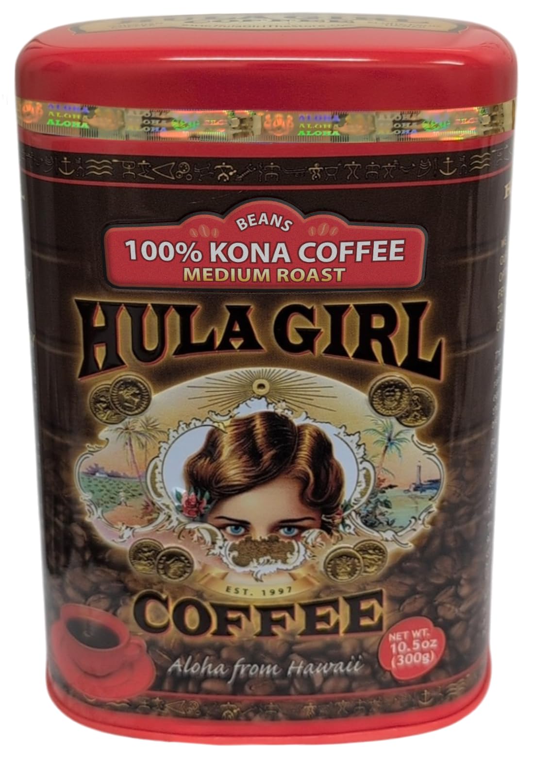 HULA GIRL 100% KONA Coffee Roasted Arabica Coffee Net Wt. 10.5 Ounce / 300 Grams Collector Tin