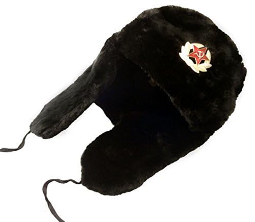 Winter Fur Ushanka Russian Hat with Secret Pocket and RED Star Emblem (Removable) (Large, Black)