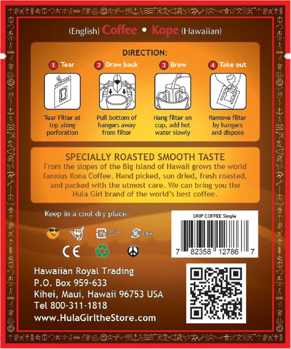 Hula Girl 100% Kona Drip Coffee Single Serve Pour Over (Box of 5)
