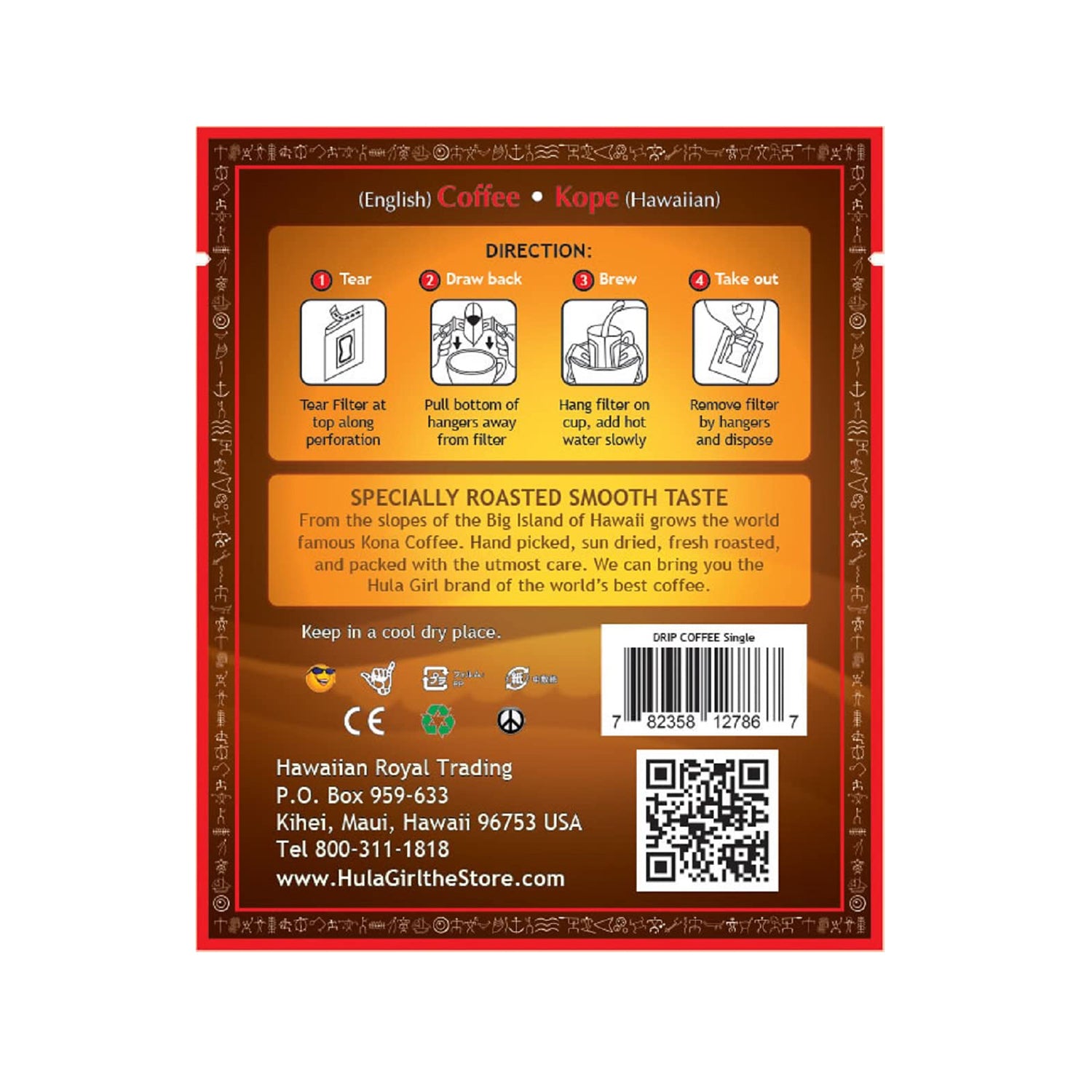Hula Girl 100% Kona Drip Coffee Single Serve Pour Over (Box of 5)