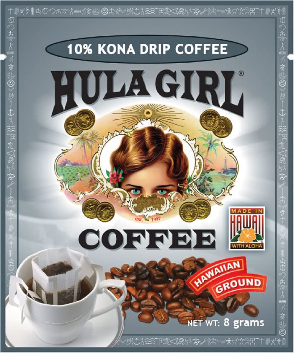 Hula Girl Drip Coffee Single Serve Pour Over (10% Kona, Pack of 50)