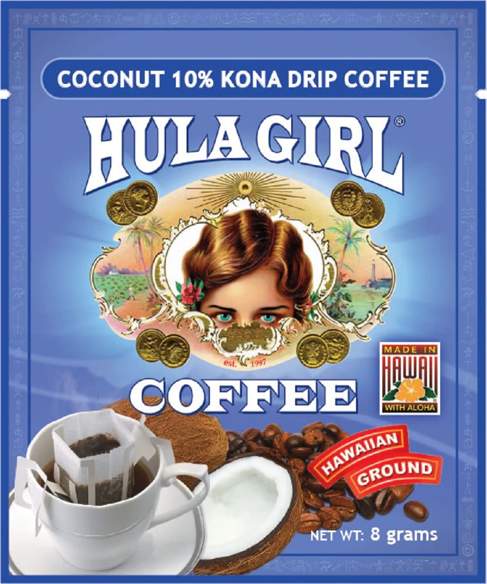 Hula Girl Drip Coffee Single Serve Pour Over (10% Kona Coconut, Pack of 50)