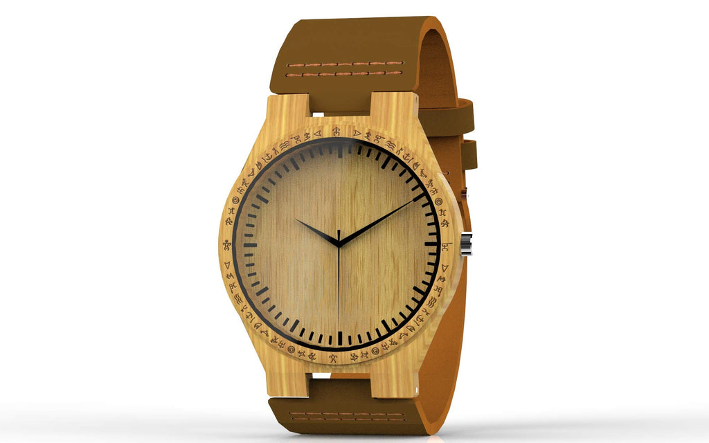 Kahala Handmade Bamboo Watch Made with Hawaiian Petroglyphs and Cowhide Leather Strap Brand- HGW-26B39