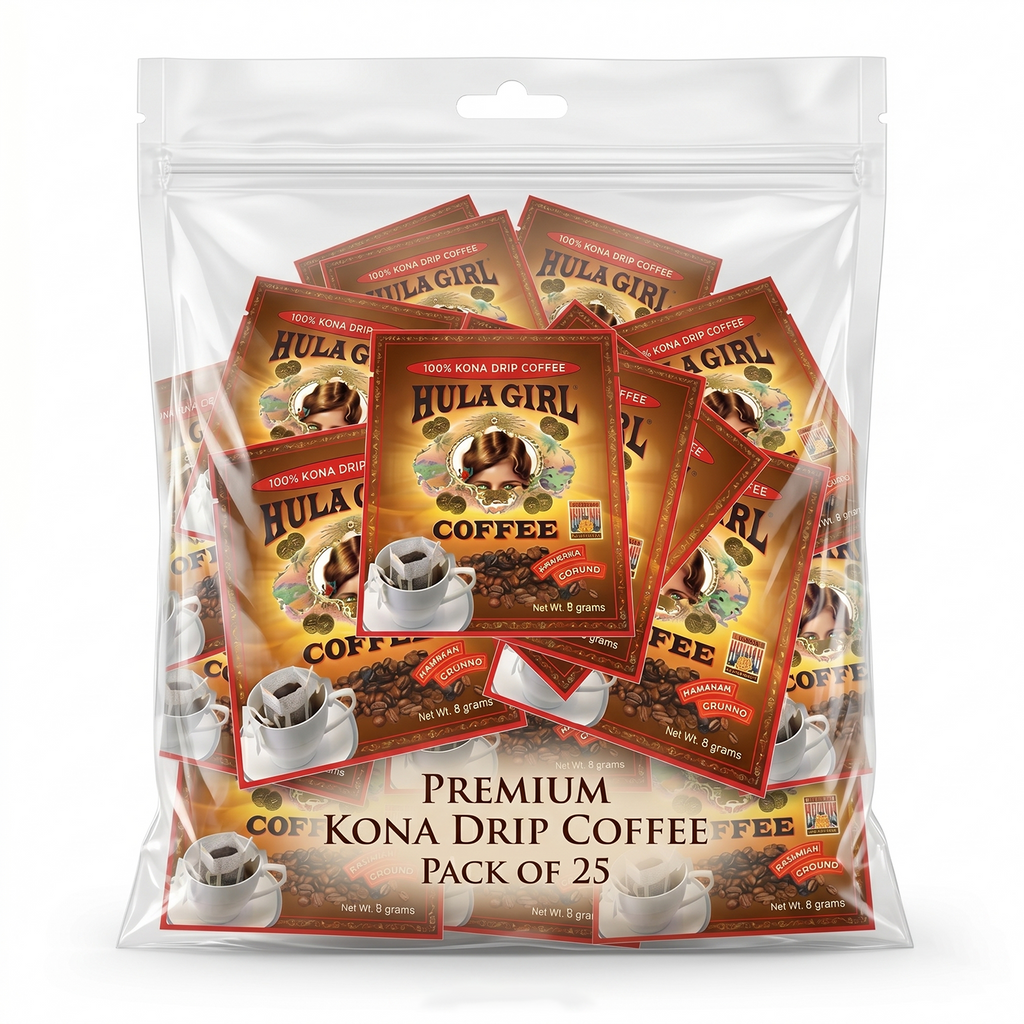 Hula Girl 100% Kona Drip Coffee Single Serve Pour Over (Pack of 25)