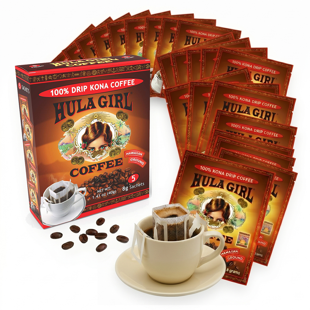Hula Girl 100% Kona Drip Coffee Single Serve Pour Over (Pack of 50)