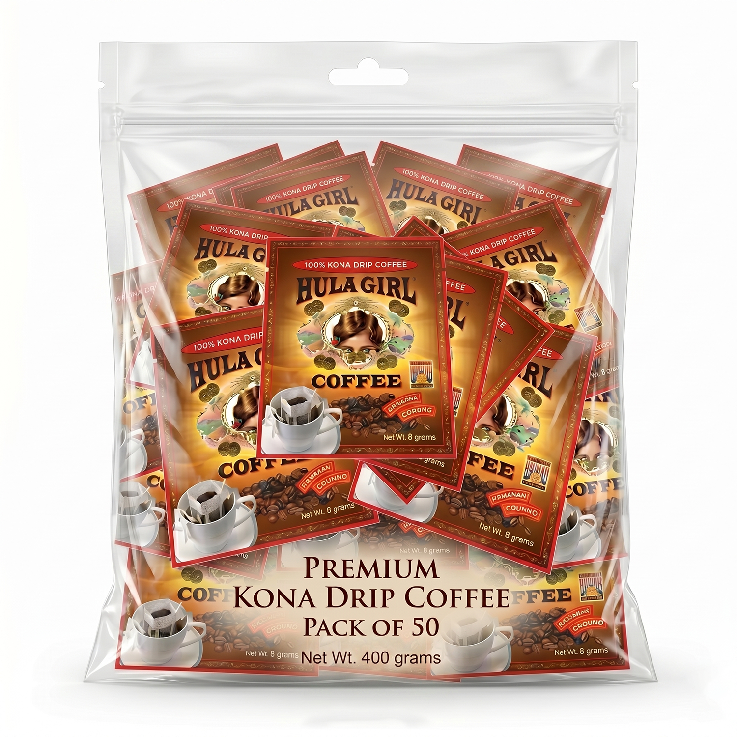 Hula Girl 100% Kona Drip Coffee Single Serve Pour Over (Pack of 50)