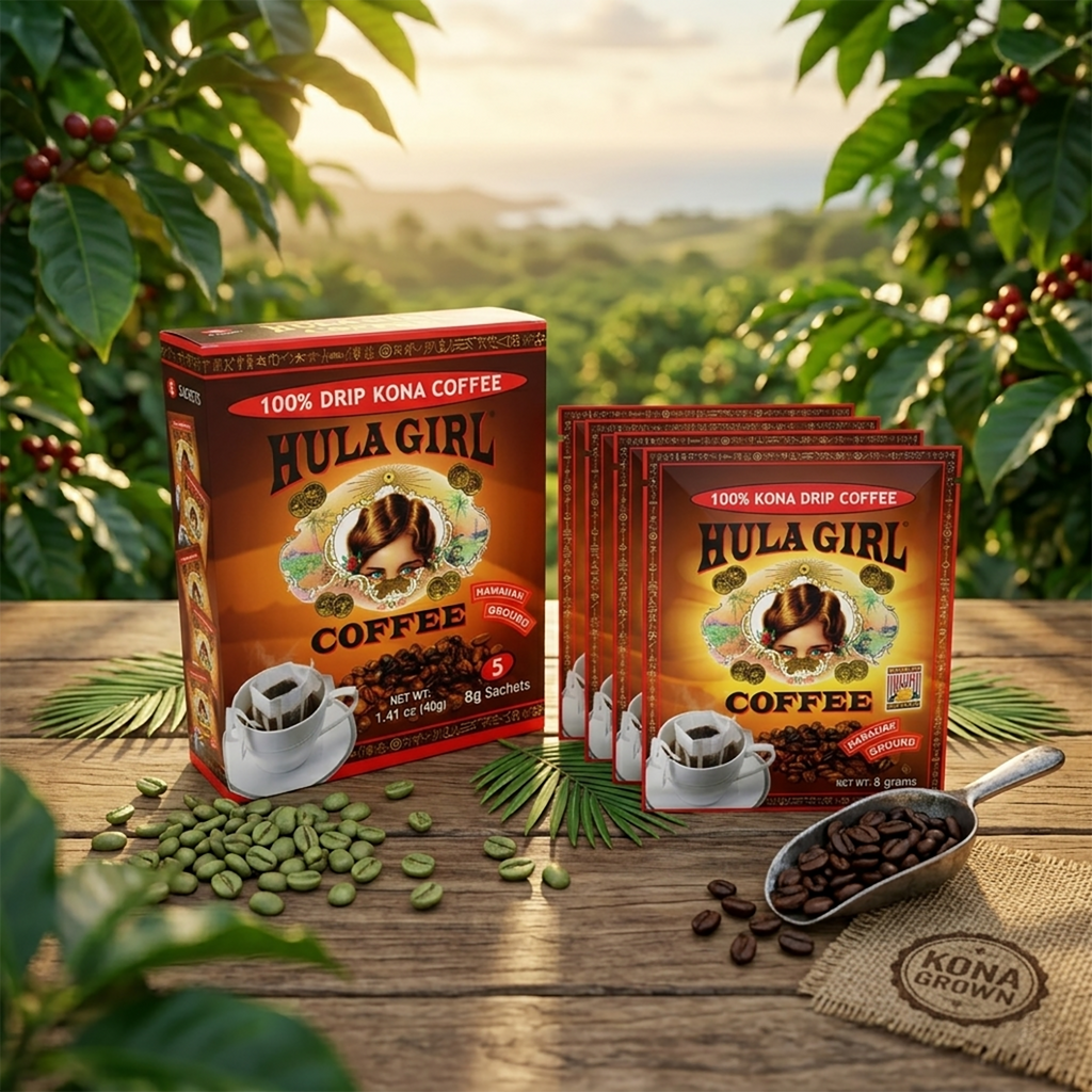 Hula Girl 100% Kona Drip Coffee Single Serve Pour Over (Pack of 50)